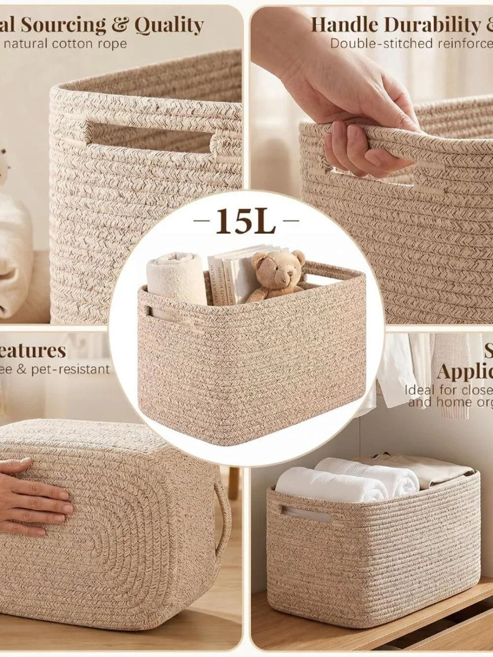 New 4Packs Natural Cotton Rope Storage Baskets for Organizing Toys, Clothes
